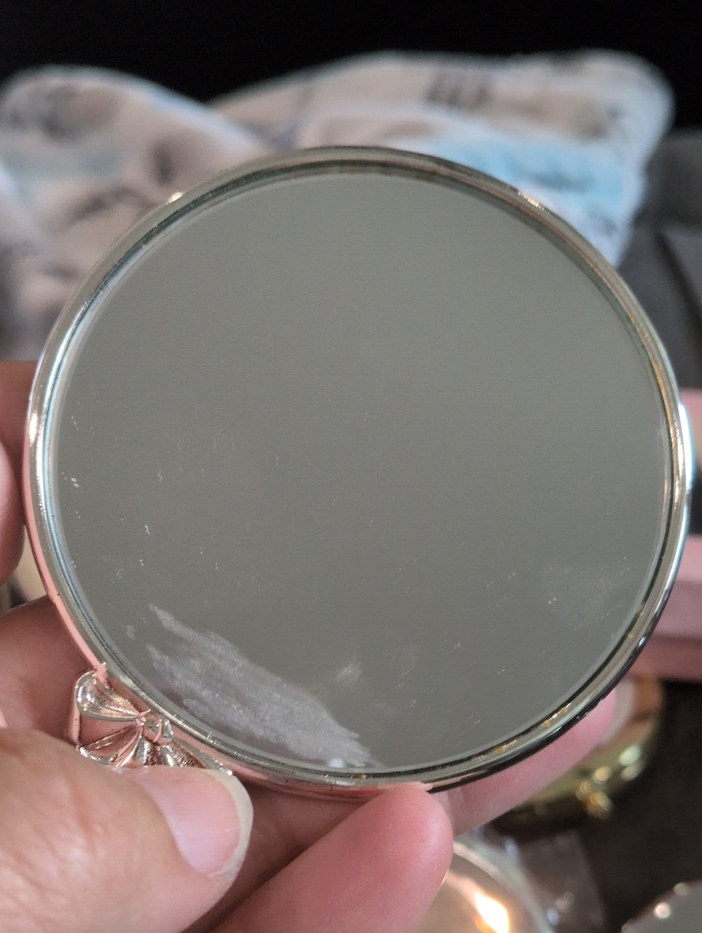 Round Compact Mirror with Bow Accent - Silver And Felt Case